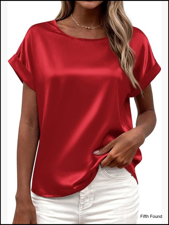 Tops - Satin Short Sleeve Blouse Crew Neck Loose Fit Business Casual Top